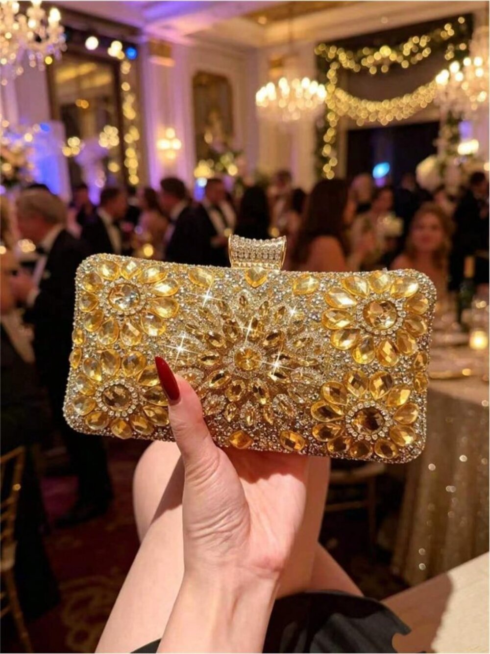Luxury Gold Crystal Floral Rhinestone Evening Clutch Bag
